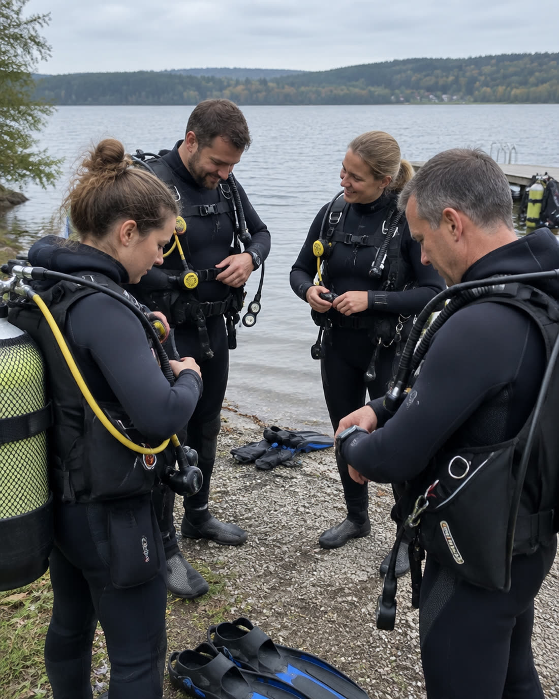 Taucher checken gemeinsam ihre Ausrüstung am Ufer